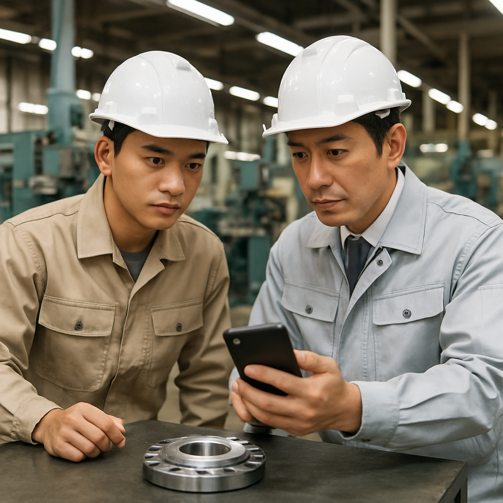 工場内で作業指示を確認するスタッフの様子