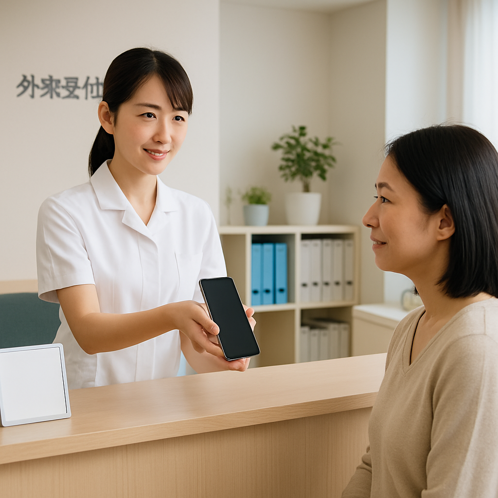 病院の受付で患者にスマートフォン画面を見せながら説明する様子