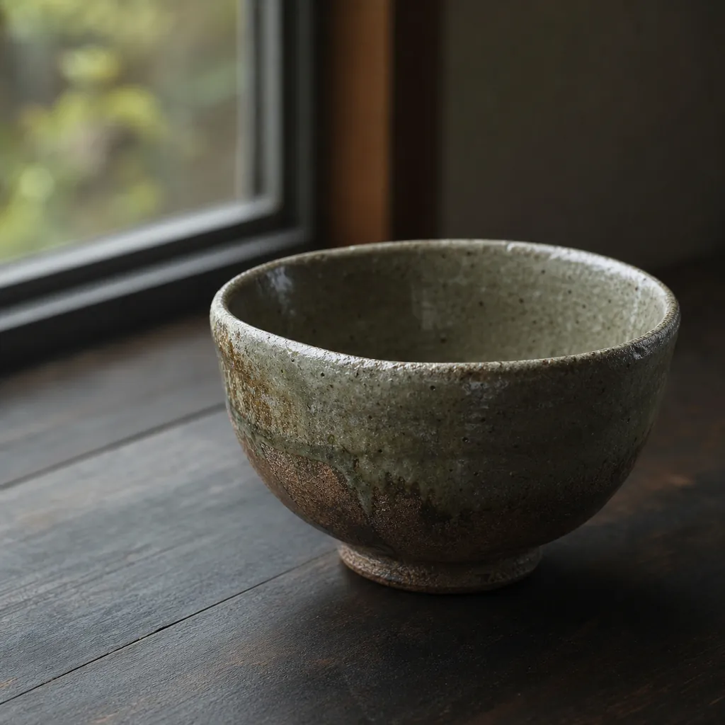 暗い木のテーブルに置かれた手づくりの茶碗