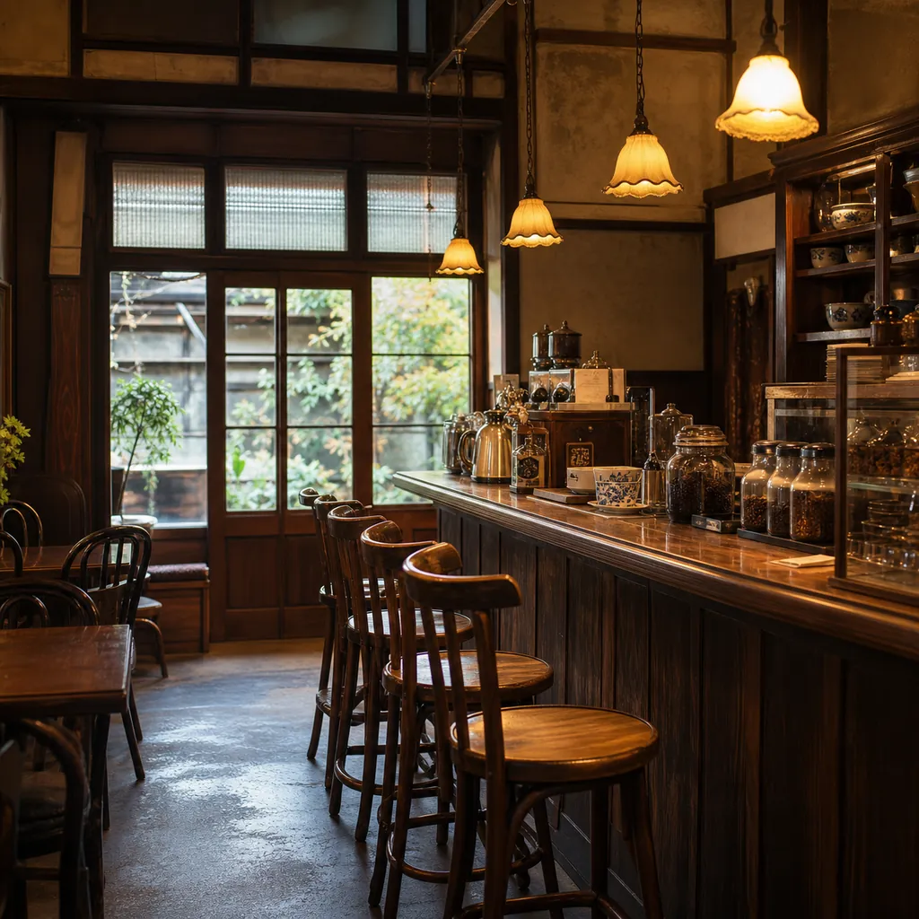 人のいない古い京都の喫茶店の店内