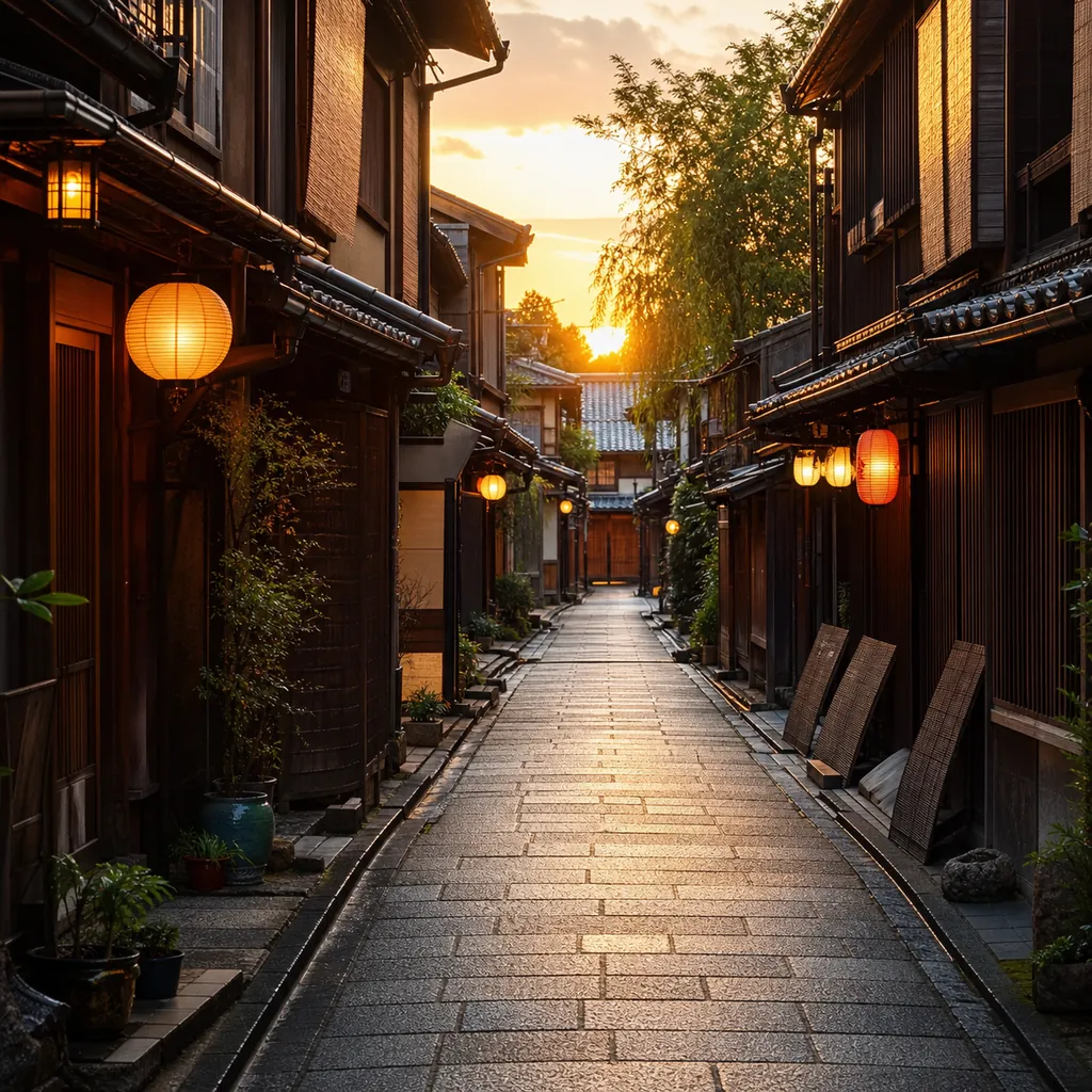 夕暮れの京都の細い石畳の路地と灯り