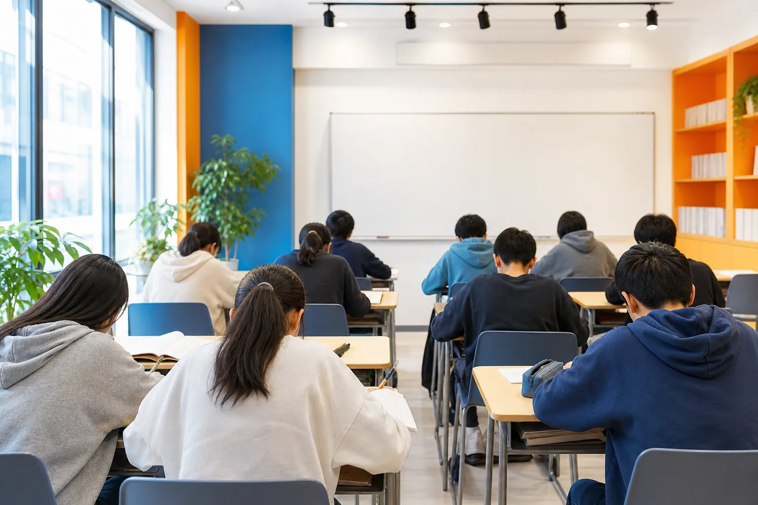 向学ゼミナールの明るい教室で学ぶ生徒たち