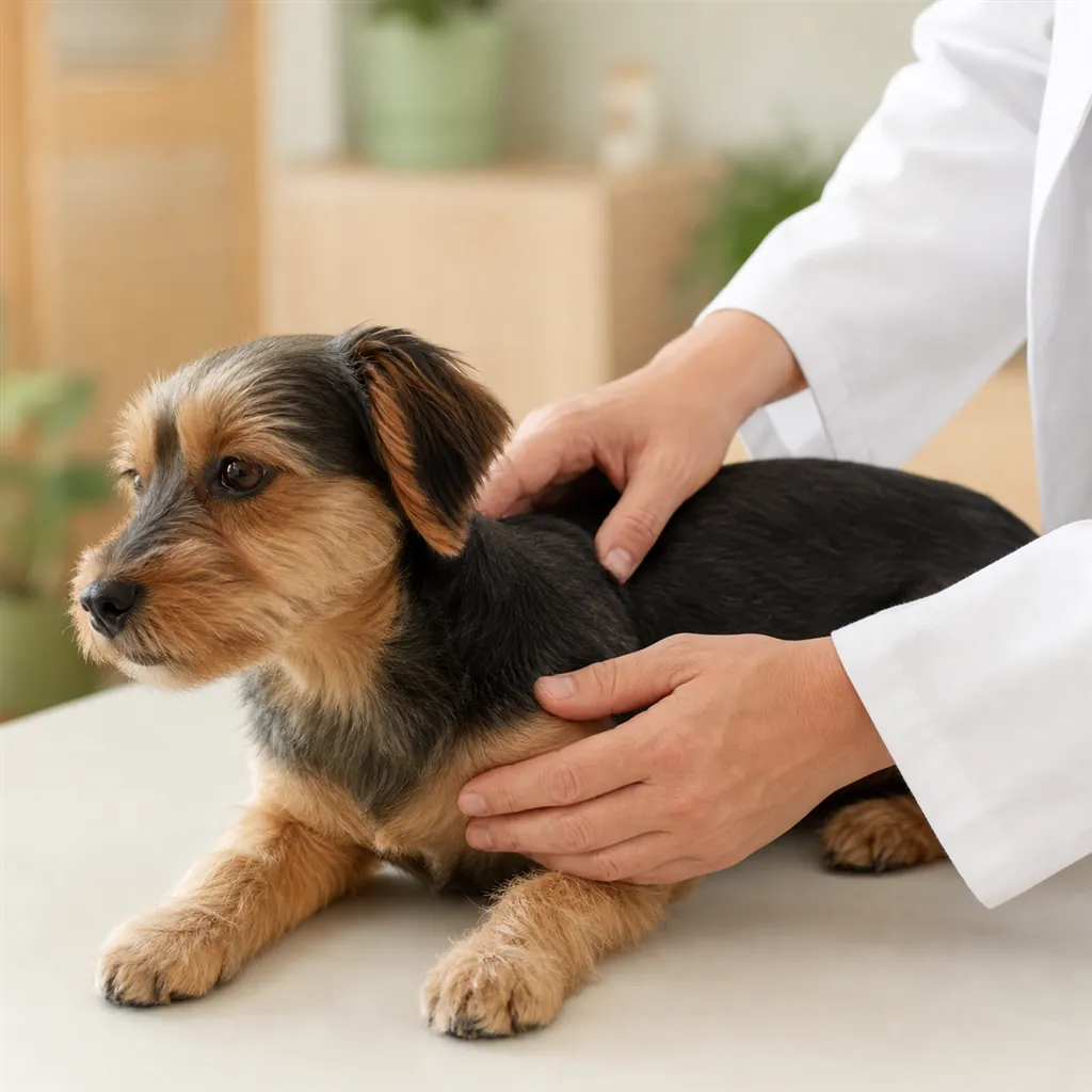 獣医師が小さな犬を優しく診察する様子